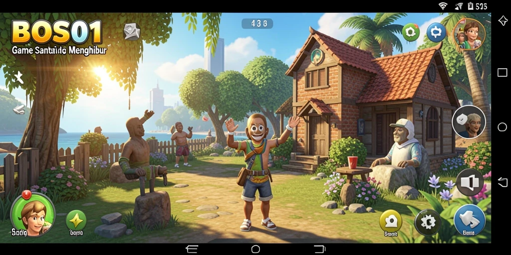 Tampilan gameplay BOS01 yang ceria dan penuh warna.
