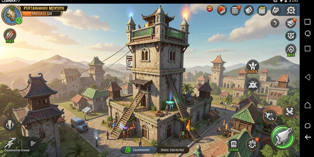Screenshot gameplay seru CEMARA77 dengan menara bertahan.