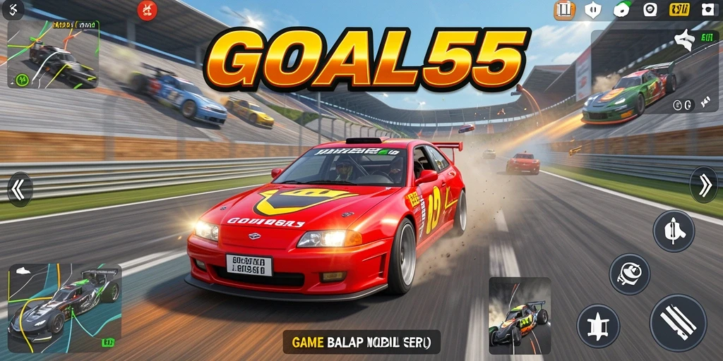 Tangkapan layar gameplay GOAL55 menampilkan mobil balap beraksi di lintasan yang dinamis.