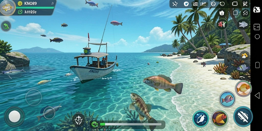 Screenshot KNO89 menampilkan aksi memancing yang seru di lautan.