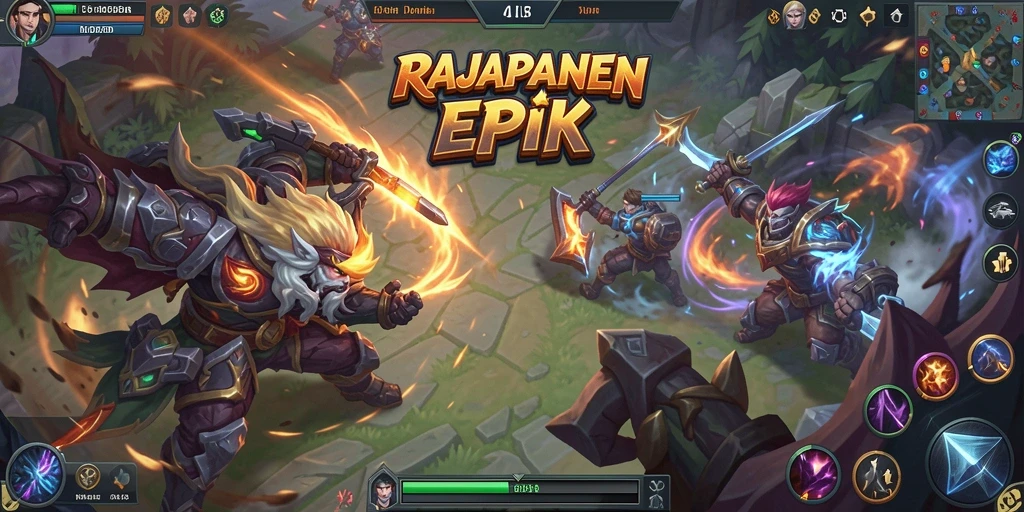 Screenshot menampilkan pertempuran seru dalam RAJAPANEN MOBA.